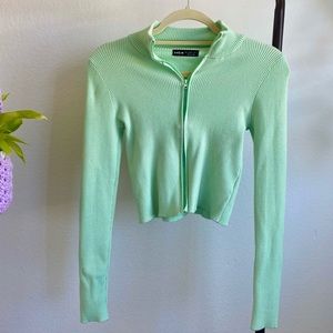 mint green ribbed cropped zip-up jacket